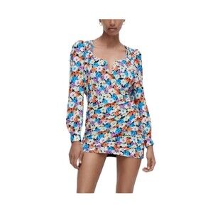 Zara Floral Puff Sleeve V-Neck Mini Dress M‎
